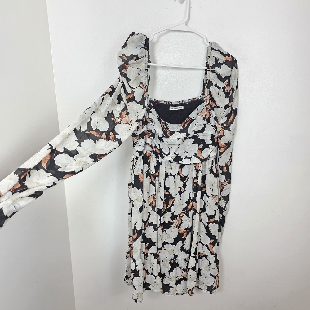 Abercrombie & Fitch Black White Floral Ruched Long Sleeve Mini Dress Size L Tall - Picture 6 of 11
